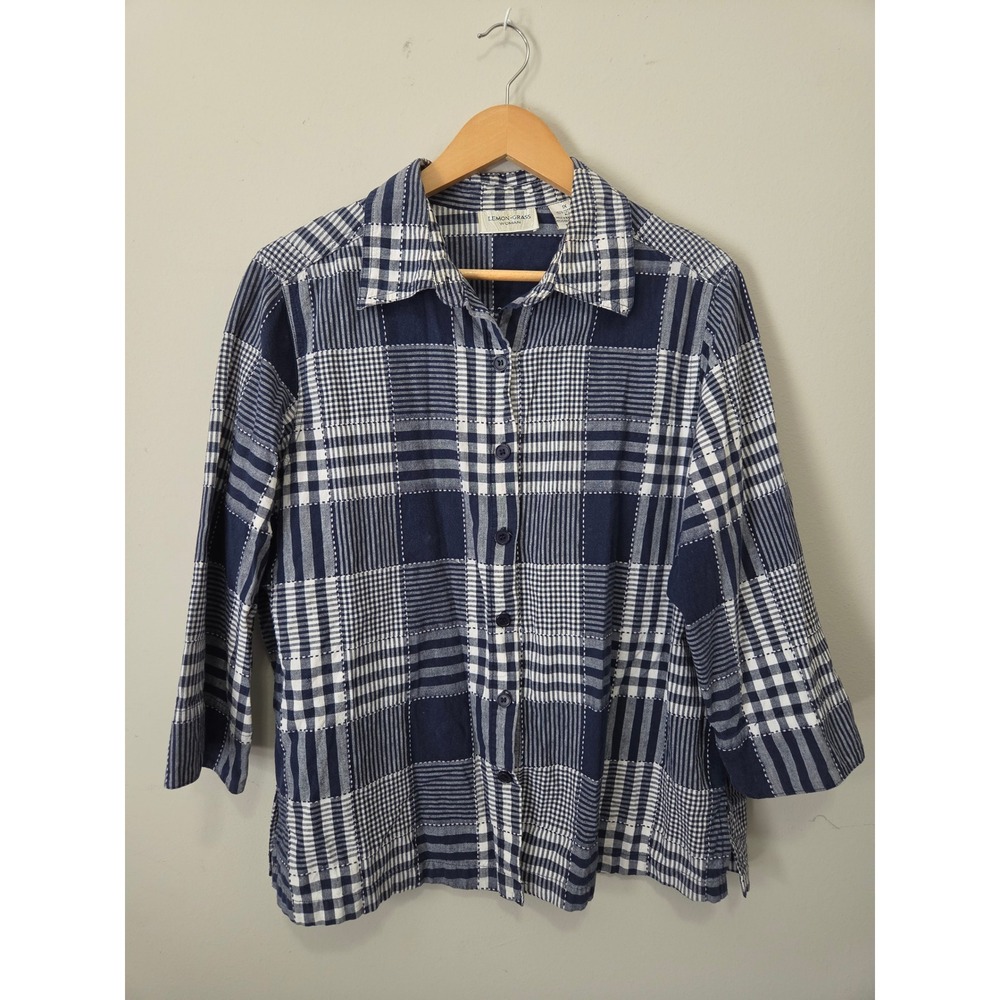 Lemon Grass Woman Navy Blue White Patchwork Plaid Button Down Shirt 1X Cotton